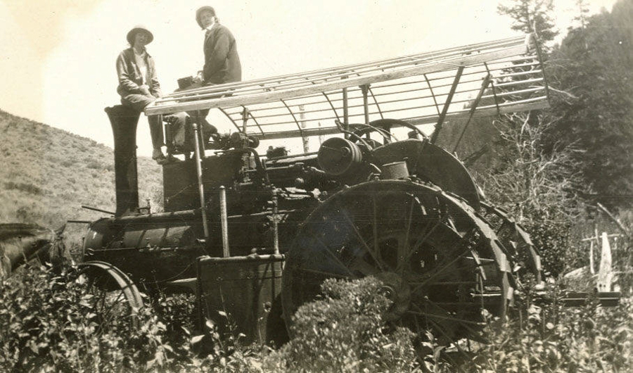 Two people sit on top of a large steam-powered machine with a ladder-like structure. The machine has large wheels and is surrounded by overgrown vegetation. In the background, there are hills and trees.