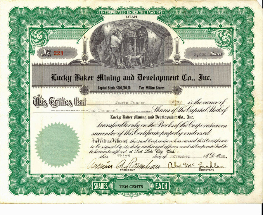 A certificate with a decorative green border labeled as certificate number 229 for Lucky Baker Mining and Development Co. Inc., based in Utah. The image features an illustration of a man working at a mining site. The certificate indicates ownership of two thousand shares by an individual named James Jensen in the capital stock of the company. The shares are valued at ten cents each. The certificate is dated the third day of November, 1930, and is signed by the president and secretary.