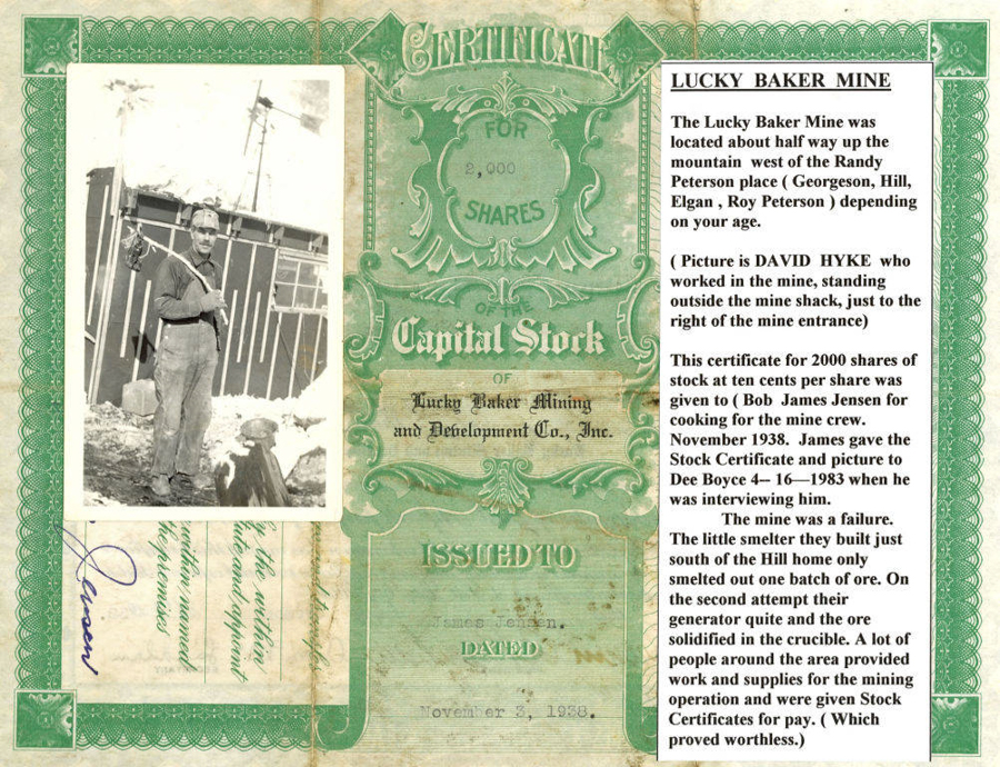 A man stands in front of a building with visible structural supports. He wears clothing typical of a laborer or miner, holding a piece of equipment. The background shows snow and another person partially visible. Next to the image is a decorative document with the title "Certificate for 2,000 Shares of Capital Stock of Lucky Baker Mining and Development Co., Inc." The name "James T. Jensen" is written on the certificate, which is dated November 7, 1938. There is additional text describing the Lucky Baker Mine, mentioning David Hyke, and recounting the mine's history and failure.