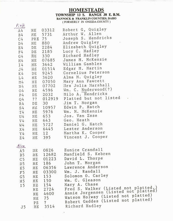 A list titled "Homesteads" for Township 13 S, Range 38 E.B.M. in Bannock and Franklin Counties, Idaho. The list includes codes, names, and numbers. Names include Robert G. Quigley, Arthur W. Allen, Elizabeth Quigley, and others, with some entries noted as platted or not. Handwritten notes "Pink" and "Blue" categorize certain entries.