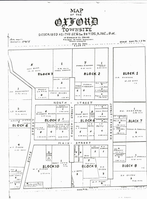 Map of the Oxford Townsite in Bannock County, Idaho, dated August 6, 1907. The map includes blocks labeled 1 through 10, with named streets such as Main Street, North Street, Church Street, Harkness Street, and State Street. Various plots within the blocks are labeled with names, possibly indicating ownership or residents, such as John Barker, H.O. Harkness, and W.F. Fisher. The scale is 200 feet to 1 inch, and the area is described as the SE 1/4 of Section 28, Township 13 South, Range 38 East, Boise Meridian.