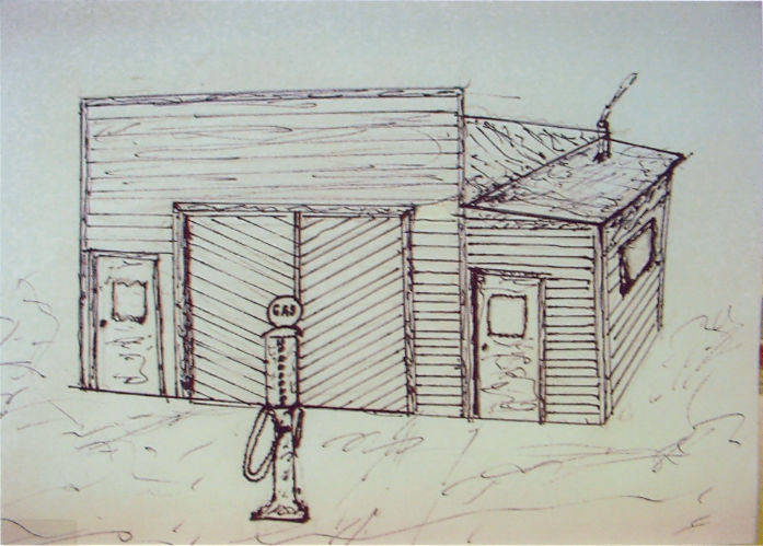A simple line drawing of a small building resembling a garage or service station. The structure has a slanted roof with visible panels and three doorways. In front of the building, there is an old-fashioned gas pump labeled "GAS." The gas pump has a hose hanging from it. The scene is surrounded by sparse lines indicating the ground.