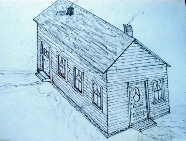 A simple, single-story house with a pitched roof and a chimney, featuring several windows with curtains and a front door with an oval window. The house has wooden siding and is depicted from an angled perspective. Smoke is coming from the chimney, and there are steps leading up to the front door. The house is situated on a flat surface, with no other buildings or objects visible.
