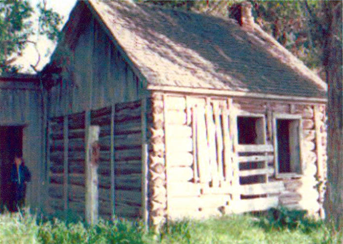A small wooden cabin with a slanted roof and visible logs making up its walls, some of which have missing or broken sections. There is a chimney on the roof. A person stands partially visible in the doorway of an attached structure. Tall grass surrounds the building, and trees are visible in the background.
