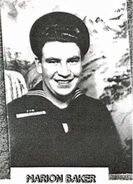 A person wearing a sailor uniform is smiling. The background has a decorative mural. Below the image, there is a label that reads "MARION BAKER."