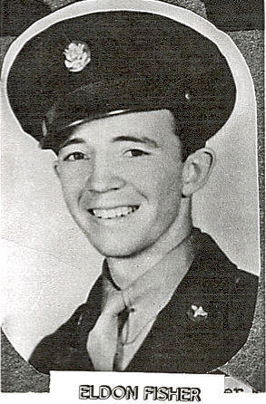 A person wearing a military uniform and cap is smiling. Below the image, there is text that reads "ELDON FISHER."