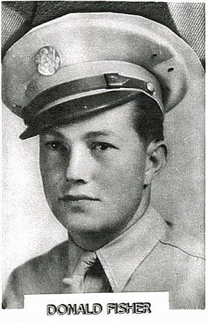 A person wearing a military uniform and cap is shown facing forward. At the bottom, the name "DONALD FISHER" is written.