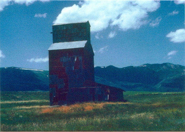 A tall, old wooden structure, likely an abandoned grain elevator, stands in the middle of a grassy field. In the background, there are distant mountains under a partly cloudy sky.