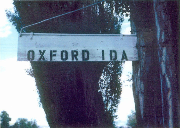 A wooden sign hangs from a tree, displaying the text "OXFORD IDA." Trees with dense foliage are in the background.