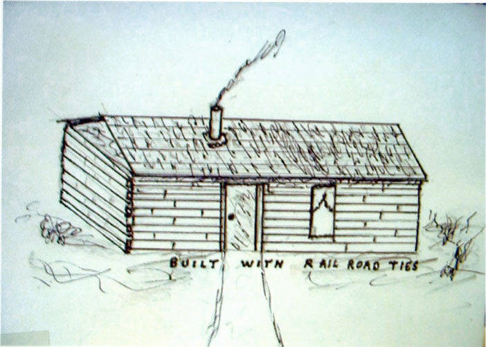 A simple drawing of a rectangular house with a pitched roof. Smoke is coming out of a chimney. The house has a single door and one window with something hanging inside. The text "BUILT WITH RAILROAD TIES" is written below the house. Small patches of grass are seen around the structure.