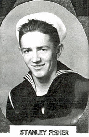 A young man wearing a sailor uniform with a white cap smiles at the camera. Below the image, the text reads "STANLEY FISHER."