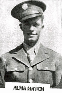 A person in a military uniform with a peaked cap stands facing forward. The text "ALMA HATCH" appears below the image.