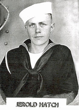 A person in a naval uniform, wearing a sailor hat, sits for a portrait. Below the portrait, there is text that reads "JEROLD HATCH."