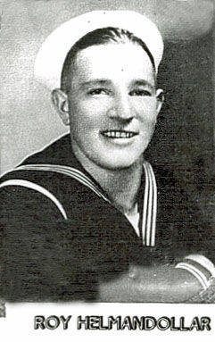 A man wearing a sailor uniform with a white hat is smiling. Below him, the text reads "Roy Helmandollar."