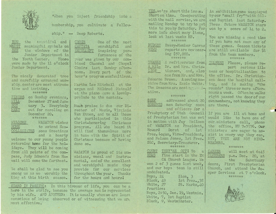 The Bridge Builder, December 15, 1959 - Newsletter published by the Wasatch Presbyterian Church, Salt Lake City, Volume 2, Number 45, page 2