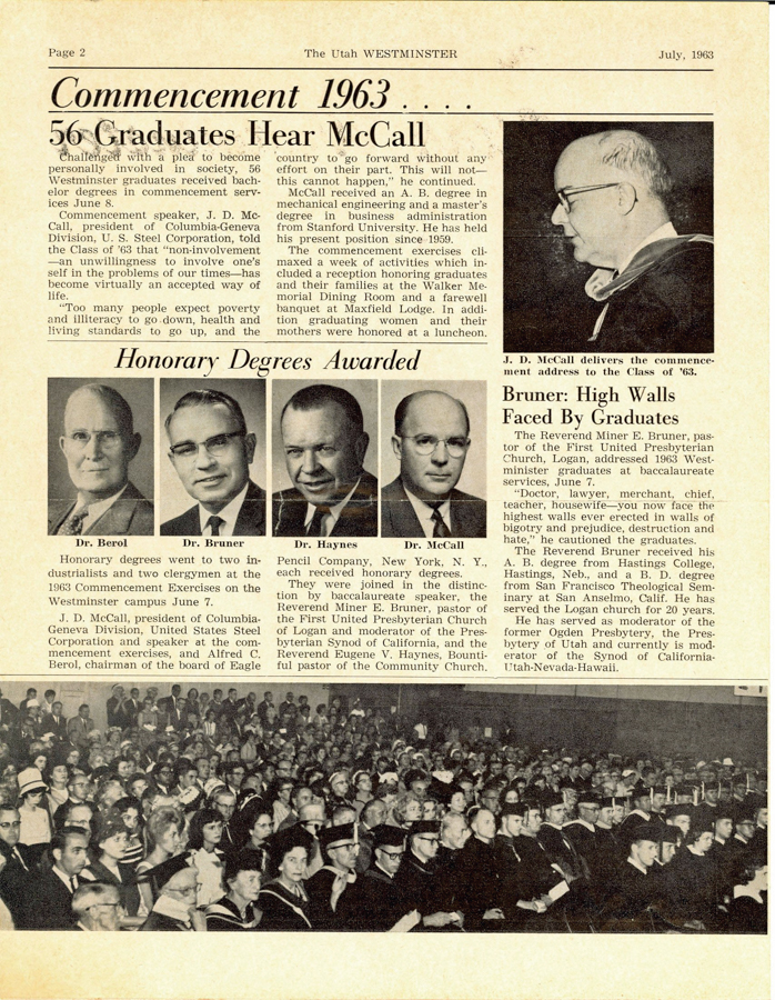 The Utah Westminster, newsletter, Vol. 49, No. 3; Summer issue, July 1963.  "Honorary Degrees Given."