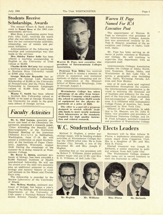The Utah Westminster, newsletter, Vol. 49, No. 3, Summer issue, July, 1963.  "Honorary Degrees Given."  Miner E. Bruner was one recipient