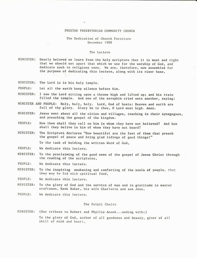The Dedication of Church Furniture, December 1988, The Lectern and Pulpit, Chairs.