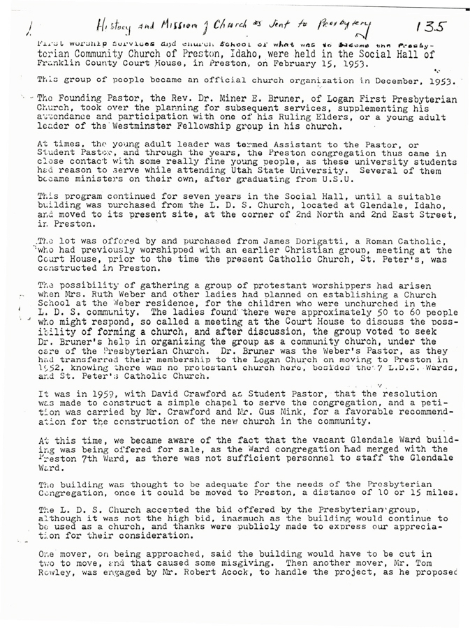 History and Mission of church as Sent to Presbytery, 135 and 136.  M. L. Mabrey.  March 7, 1990