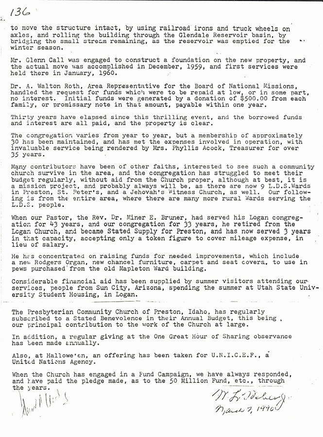 History and Mission of Church as Sent to Prebytery, 135 and 136, M. L. Mabrey, March 7, 1990.