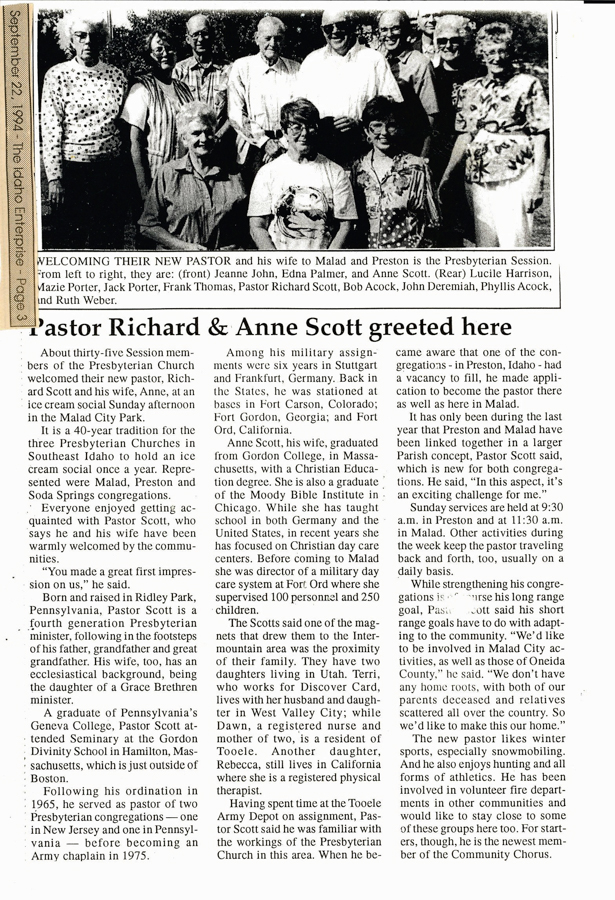 Newspaper article, The Idaho Enterprise, September 22, 1994, page 3.  "Pastor Richard and Anne Scott greeted here."