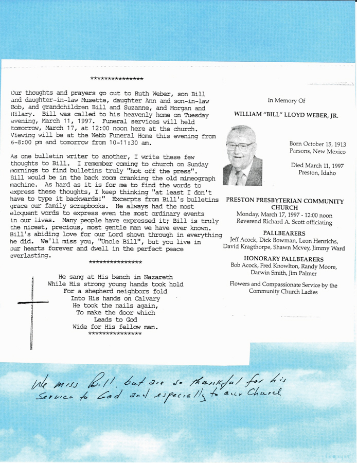 Funeral program for William "Bill" Lloyd Weber, Jr.  October 15, 1913 to March 11, 1997.