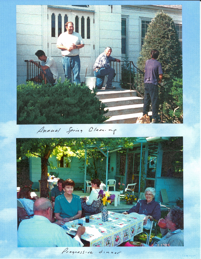 **Top Image**: Three people are gathered near the entrance of a house. One person stands on the steps holding an object, while another is crouched down with a paintbrush. A third person is working on a hedge. Text reads, "Annual Spring Clean-up."

**Bottom Image**: Several people are seated around a table outdoors under a pergola. The table is covered with a patterned cloth and has a vase with flowers. There is text that reads, "Progressive dinner."