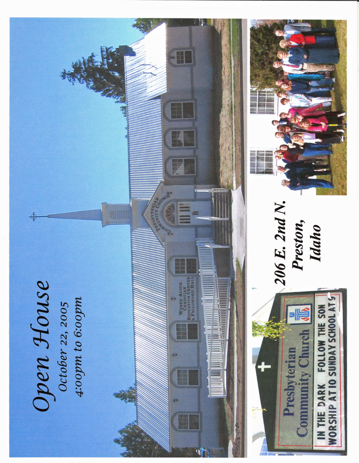 A church building with a steeple and sign displaying "Valley Church of the Nazarene Fellowship Hall." A group of people standing in front of a building. Text includes "Open House, October 22, 2005, 4:00 pm to 6:00 pm" and "206 E. 2nd N., Preston, Idaho." A sign reads "Presbyterian Community Church," with a message about worship and Sunday school.