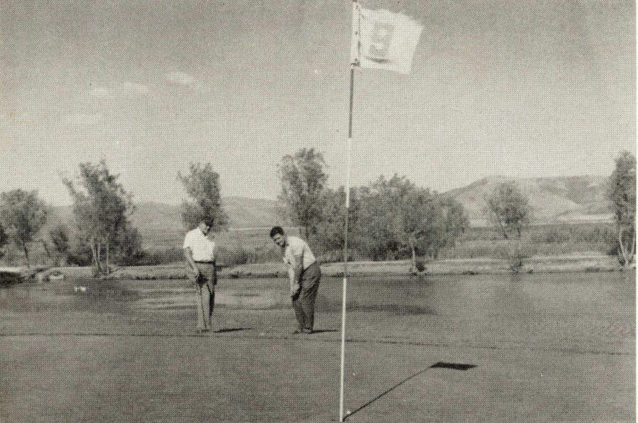 Two men are golfing on a course with a flag labeled "19" in the foreground. One man is putting while the other watches. Trees and mountains are visible in the background.