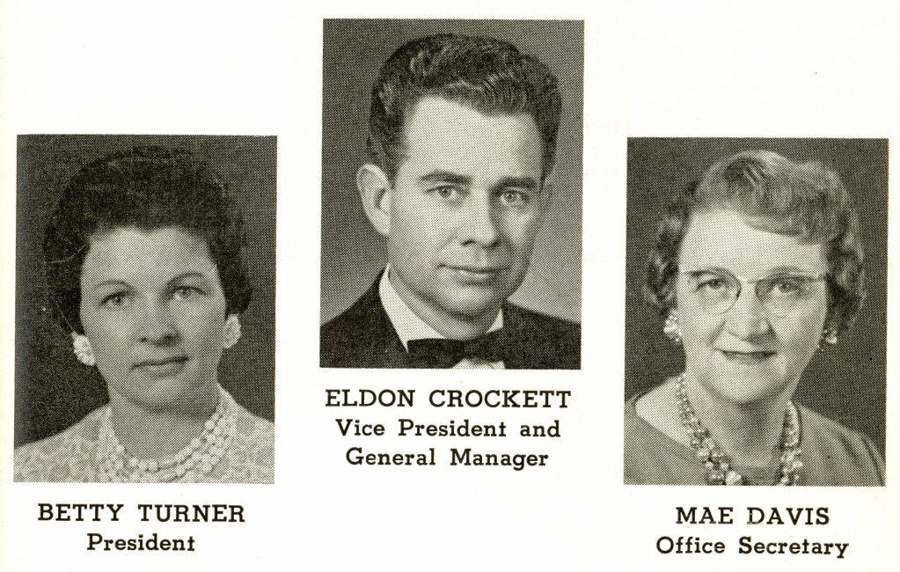 Three portraits are arranged from left to right. The first shows a woman labeled "Betty Turner, President." The middle shows a man labeled "Eldon Crockett, Vice President and General Manager." The third shows a woman labeled "Mae Davis, Office Secretary." All are dressed formally.