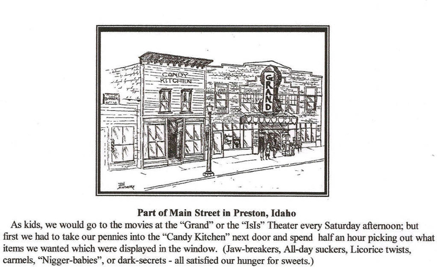 A drawing depicts a street scene with two buildings. On the left is a structure labeled "Candy Kitchen." Next to it is a larger building with a marquee sign reading "Grand." Several people are gathered at the entrance. Below the drawing, text describes childhood memories of visiting these places on Main Street in Preston, Idaho, mentioning going to movies and buying candy.