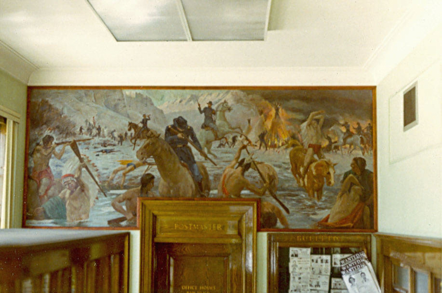 A room with a mural depicting a dynamic scene featuring people on horseback and others in water, seemingly in a battle or chase. The background shows mountains and a burning structure. Below the mural, there is a wooden frame with the words "POSTMASTER" and "BULLETIN." A bulletin board with notices and a "WANTED" poster is visible to the right.