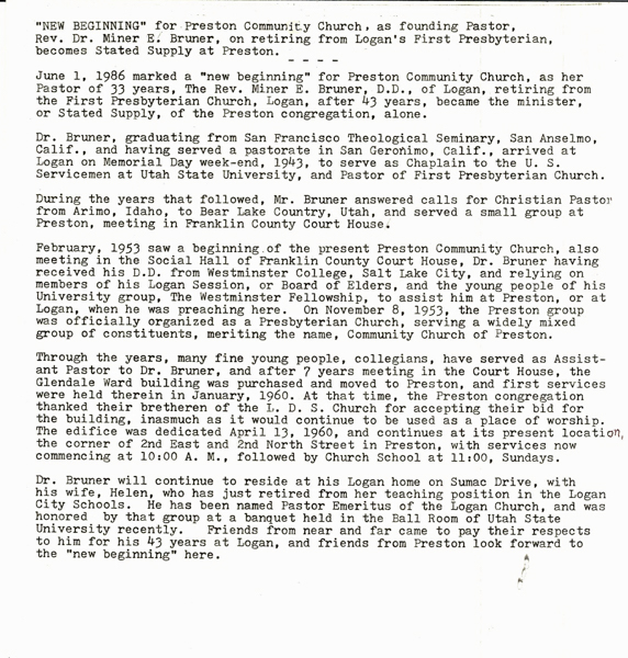 Retirement article for Miner Bruner, June 1, 1986.  Retired from being Pastor of First Presbyterian Church of Logan, to becoming minister or stated supply, of the Preston Congregation, alone.