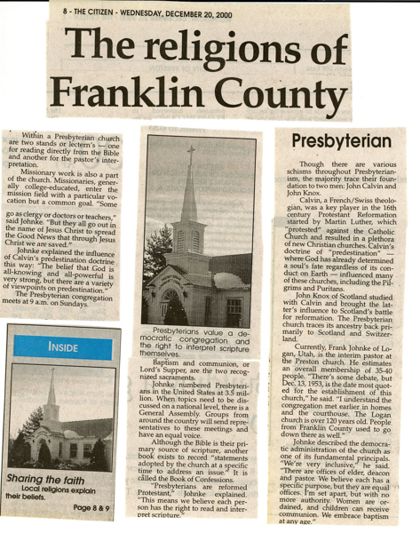 Newspaper article:  The Preston Citizen, December 20, 2000, p. 8.  "The Religions of Franklin County:  Presbyterian."  Article and picture.