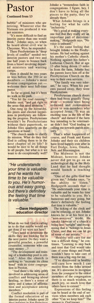 Newspaper article, The Herald Journal, January 11, 2001, Religion Section.  "Icebreaker:  First Presbyterian is looking to mend some rifts, and has the man for the job," by Mike Ingraham.  Article is about Rev. Frank Johnke.