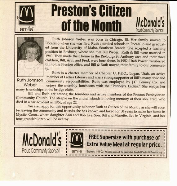 Preston Citizen Ad:  Mcdonald's Citizen of the Month, Ruth Weber, January, 2003