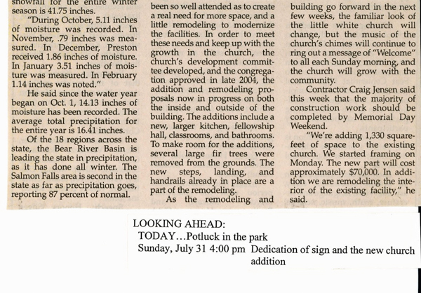 Newspaper article, "Presbyterian Church prepares for growth of community," Expansion of building, article and picture.  Preston Citizen, April 6, 2005