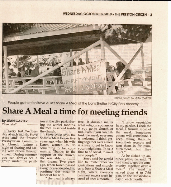 Newspaper article, Preston Citizen, October 13, 2010.  "Share a Meal a time for meeting friends," by Jean Carter.  Article and picture.