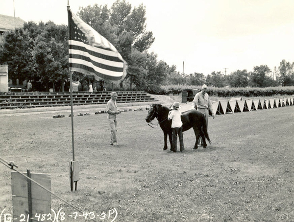 A person sits on a horse while another person stands next to it, holding the reins. A third person stands nearby in a grassy area with a large American flag on a pole waving in the foreground. There are tiered bleachers and trees in the background. The text at the bottom reads "(8-7-43 3P) G-21-482."