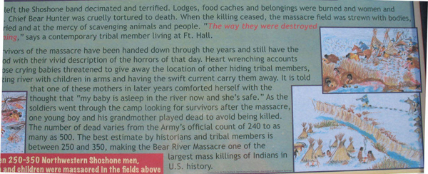 Text describing the aftermath of a massacre involving the Northwestern Shoshone, mentioning the decimation and terror faced by the tribe, the torture of Chief Bear Hunter, and the burning of lodges. It recounts stories of survival passed down through generations, including mothers with children suffering through horrors. Two images depict scenes related to the massacre, one showing people fleeing amid chaos and the other showing tepees near a river. The text states the death count varies, with estimates calling it one of the largest mass killings of Native Americans in U.S. history.