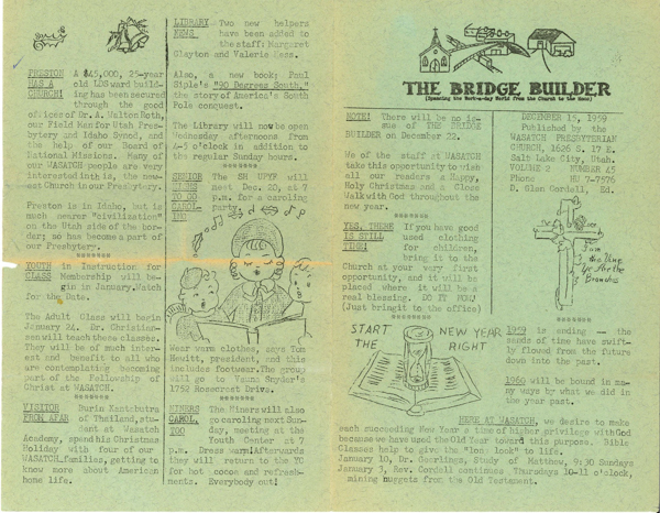 The Bridge Builder, December 15, 1959 - Newspetter published by the Wasatch Presbyterian Church, Salt Lake City, Volume 2, Number 45, Page 1