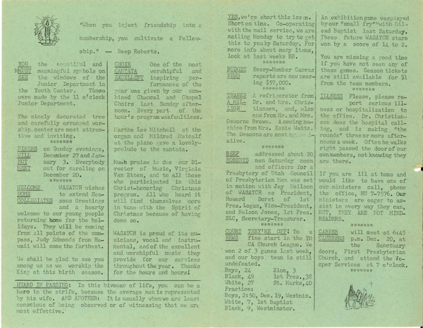 The Bridge Builder, December 15, 1959 - Newsletter published by the Wasatch Presbyterian Church, Salt Lake City, Volume 2, Number 45, page 2