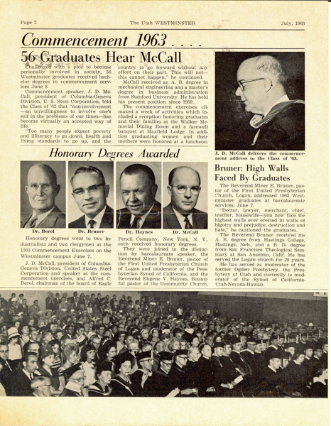 The Utah Westminster, newsletter, Vol. 49, No. 3; Summer issue, July 1963.  "Honorary Degrees Given."