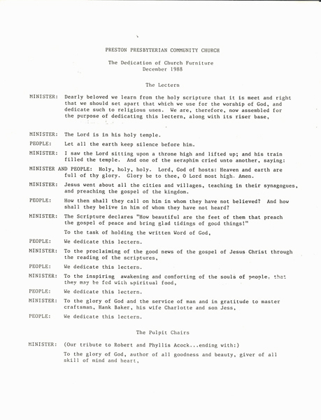 The Dedication of Church Furniture, December 1988, The Lectern and Pulpit, Chairs.