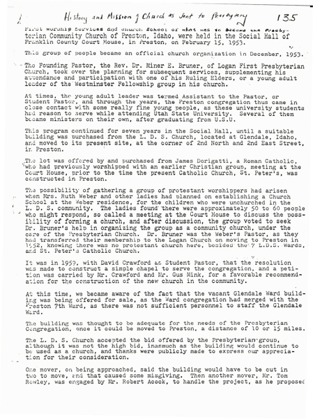History and Mission of church as Sent to Presbytery, 135 and 136.  M. L. Mabrey.  March 7, 1990