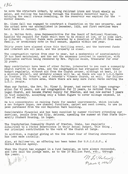 History and Mission of Church as Sent to Prebytery, 135 and 136, M. L. Mabrey, March 7, 1990.
