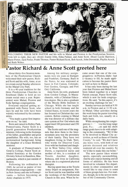 Newspaper article, The Idaho Enterprise, September 22, 1994, page 3.  "Pastor Richard and Anne Scott greeted here."