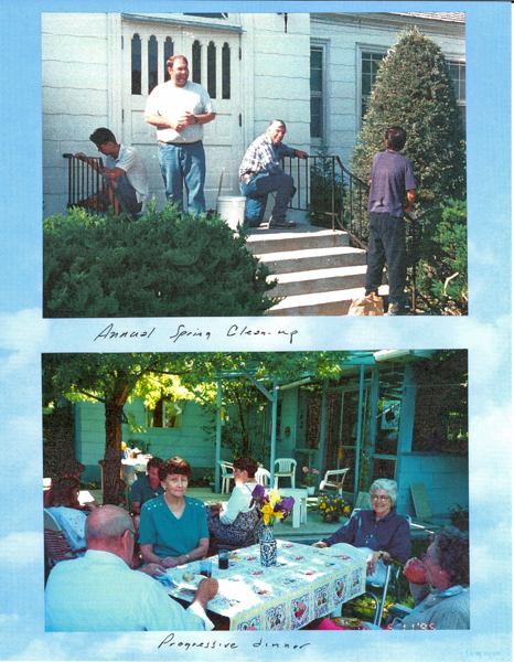 **Top Image**: Three people are gathered near the entrance of a house. One person stands on the steps holding an object, while another is crouched down with a paintbrush. A third person is working on a hedge. Text reads, "Annual Spring Clean-up."

**Bottom Image**: Several people are seated around a table outdoors under a pergola. The table is covered with a patterned cloth and has a vase with flowers. There is text that reads, "Progressive dinner."