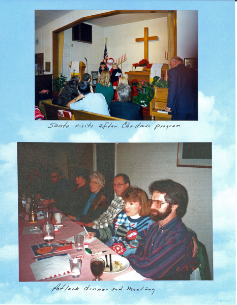 Top image: A man dressed as Santa Claus is sitting at the front of a church next to a podium, surrounded by a group of children and adults. The church has a large cross on the wall and an American flag. Several people are seated in pews facing the front. Handwritten text below reads, "Santa visits after Christmas program."

Bottom image: A group of people are sitting at a long table during a meal. Various items, such as plates and drinks, are on the table. Handwritten text below reads, "Potluck dinner and meeting."