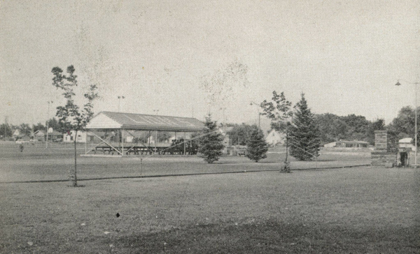 A wide open grassy area with scattered small trees. In the background, there is a pavilion with a sloped roof and several picnic tables underneath. A few people can be seen near it. There are larger trees and some buildings in the farther background, and a couple of lamp posts along a path near the pavilion.